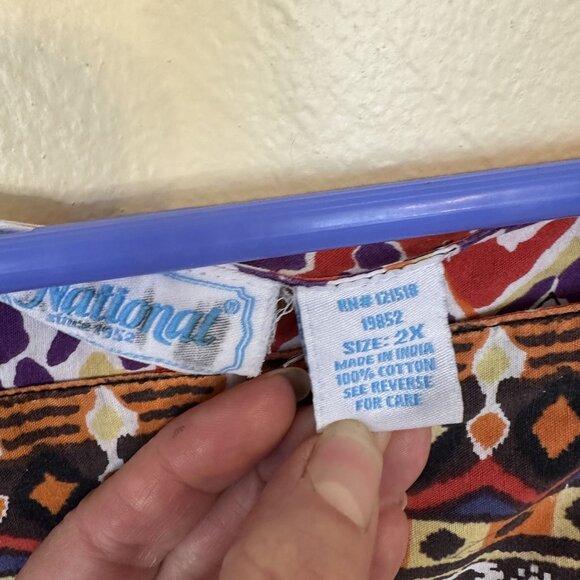 Vtg Womens Cotton MuMu Red Aztec Midi Dress 2X Short Sleeve Pockets Multicolor - Picture 3 of 9